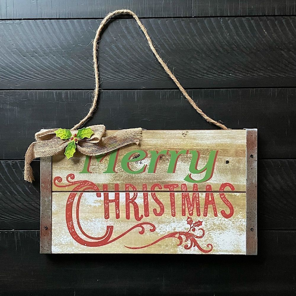 NWT! Transpac, Wood & Metal, 12” x 7”, “Merry Christmas” Hanging Sign/Decor.